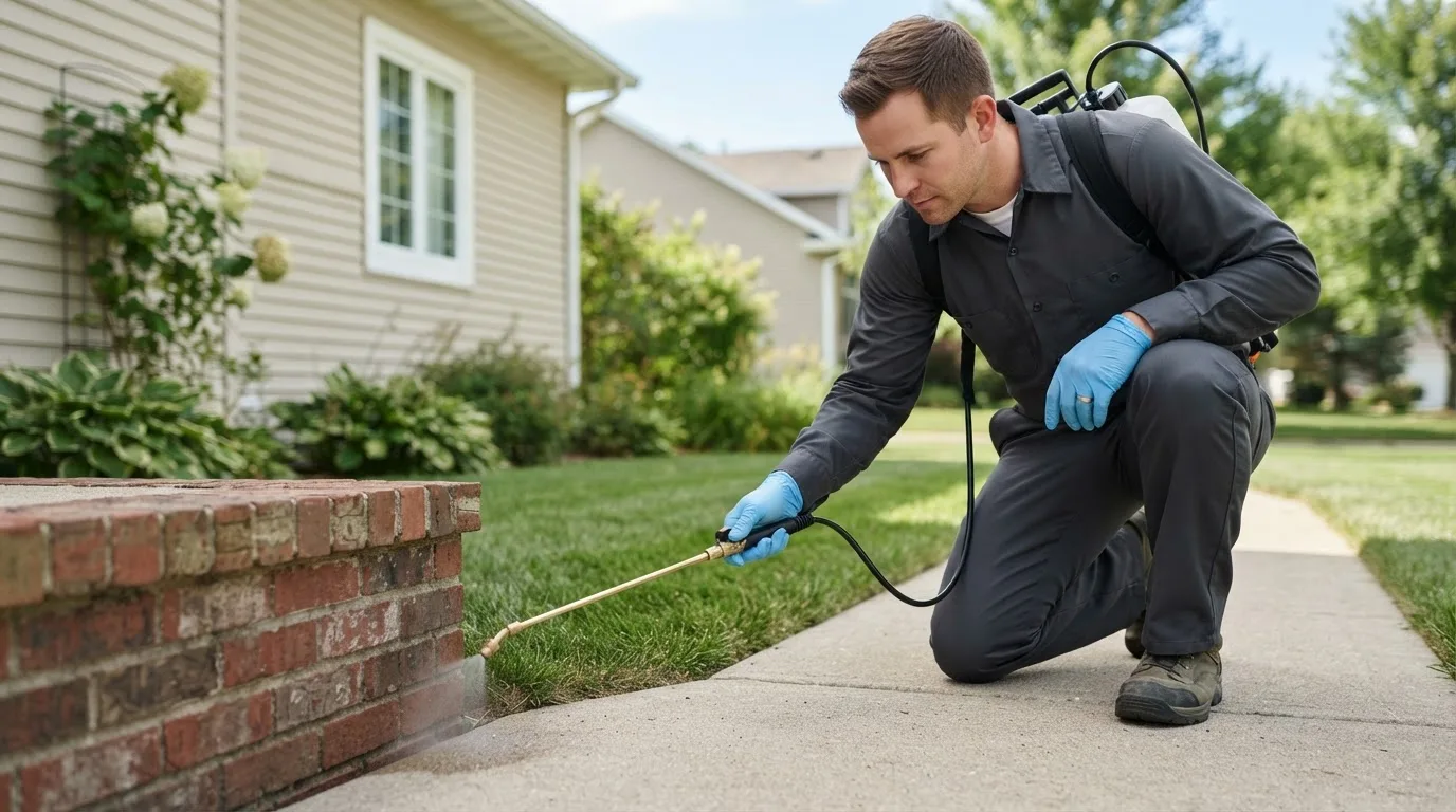 Pest control technician treating a home near Goodman, MO