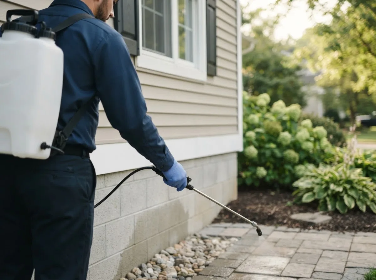 Pest control technician inspecting a home in Goodman, MO